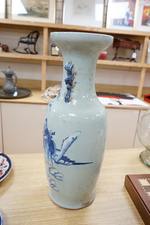 A large Chinese blue and white celadon ground vase, 19th century, painted with the three star gods, boys, a deer and a crane in a landscape in underglaze blue on white slip and a celadon ground, 60.5cm high, Condition -